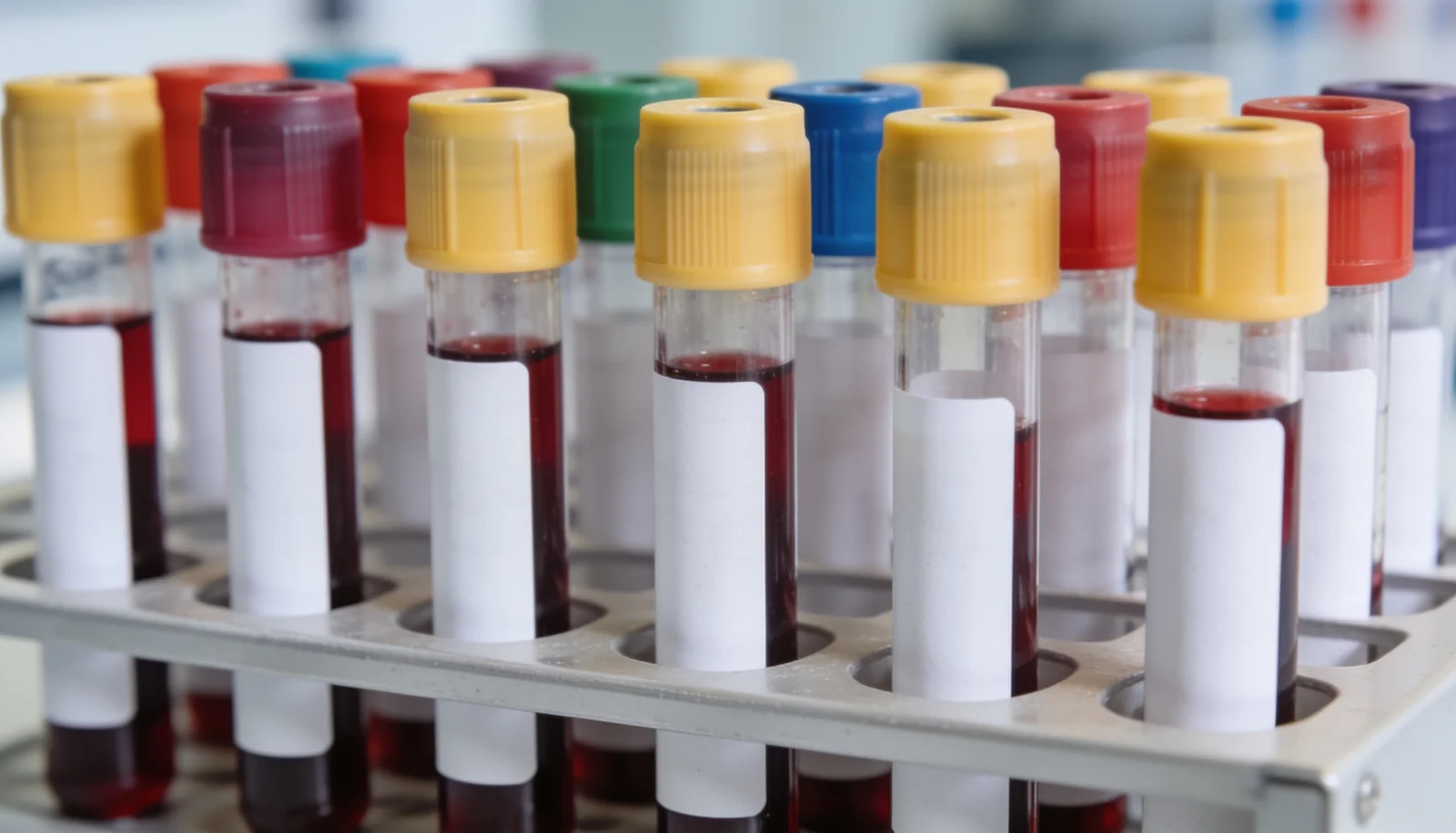 Muestras de sangre en gradilla de laboratorio clinico